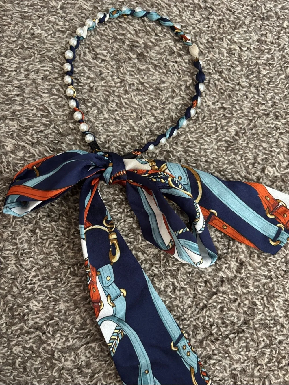 Navy Blue Printed Scarf Headband with Pearl Accents